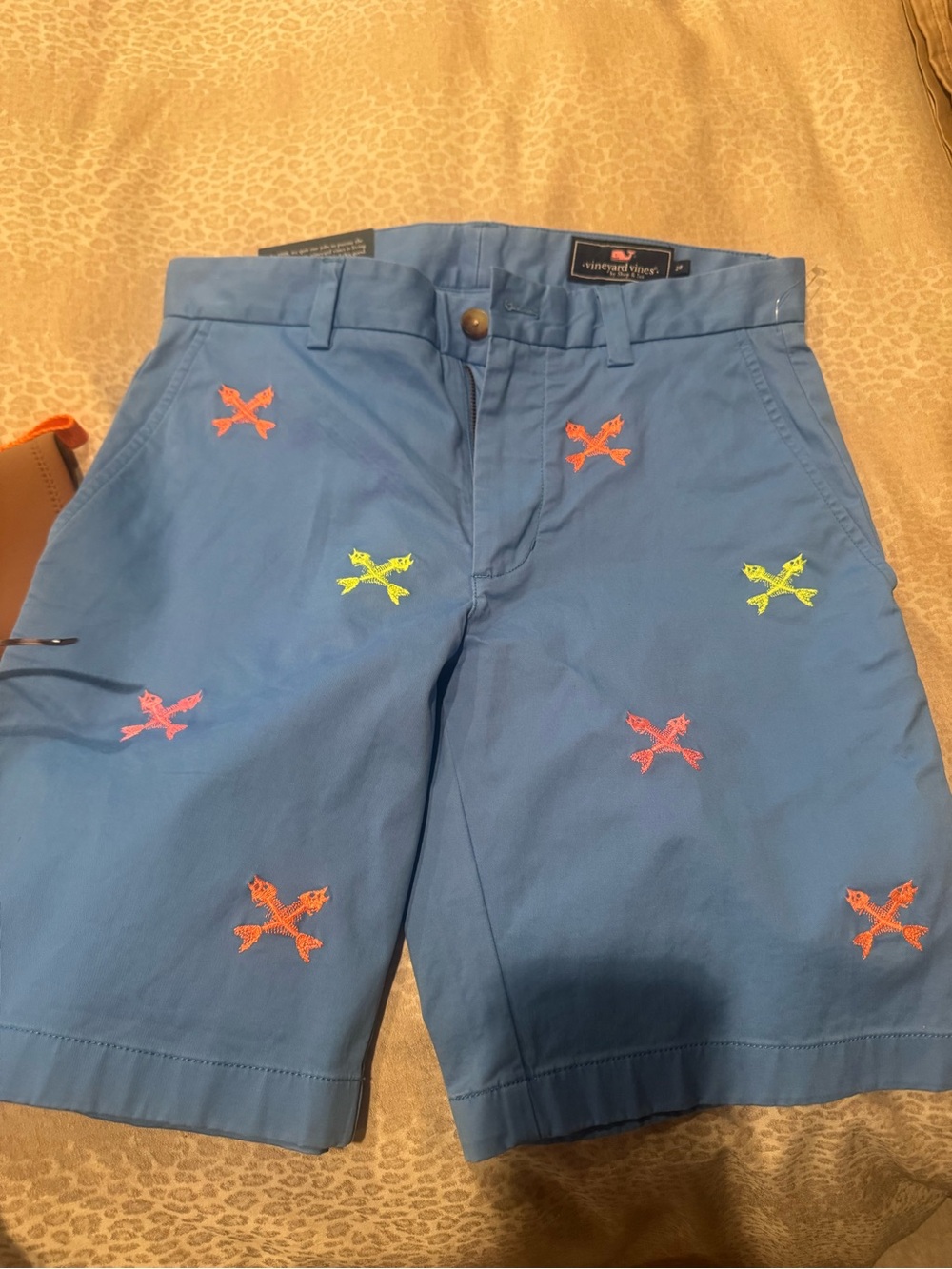 Vineyard Vines Blue Flat-Front Shorts with Neon Skull Embroidery